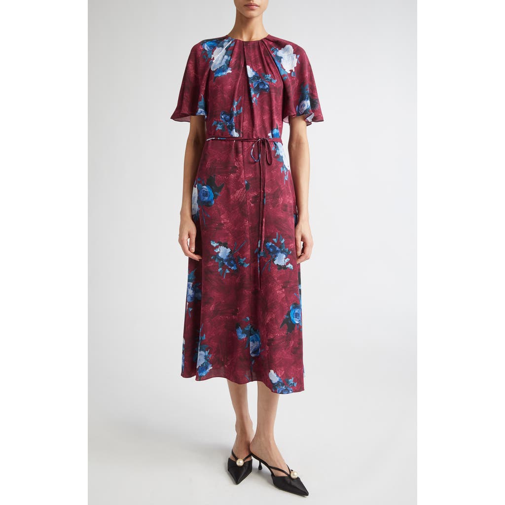 Erdem Abstract Rose Print Short Sleeve Satin Midi Dress In Pink