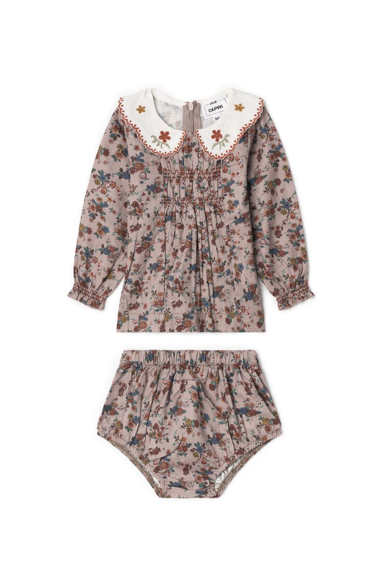 Woven Embroidered Floral Collar Blouse & Elastic Waist Bottom Set, Main, color, Beige
