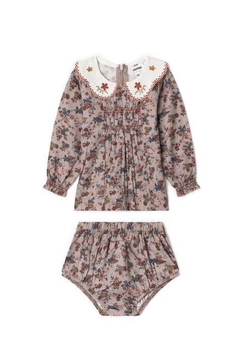 Woven Embroidered Floral Collar Blouse & Elastic Waist Bottom Set