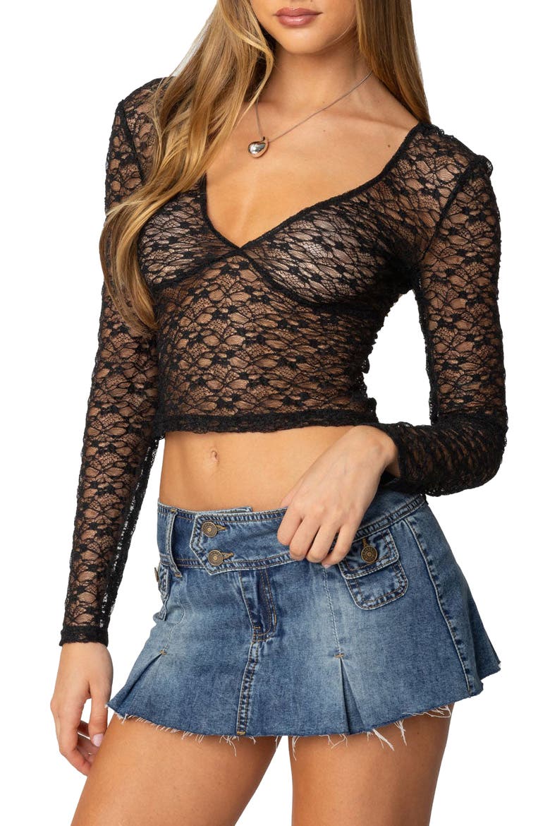 Long Sleeve Sheer Lace Crop Top, Alternate, color, BLACK