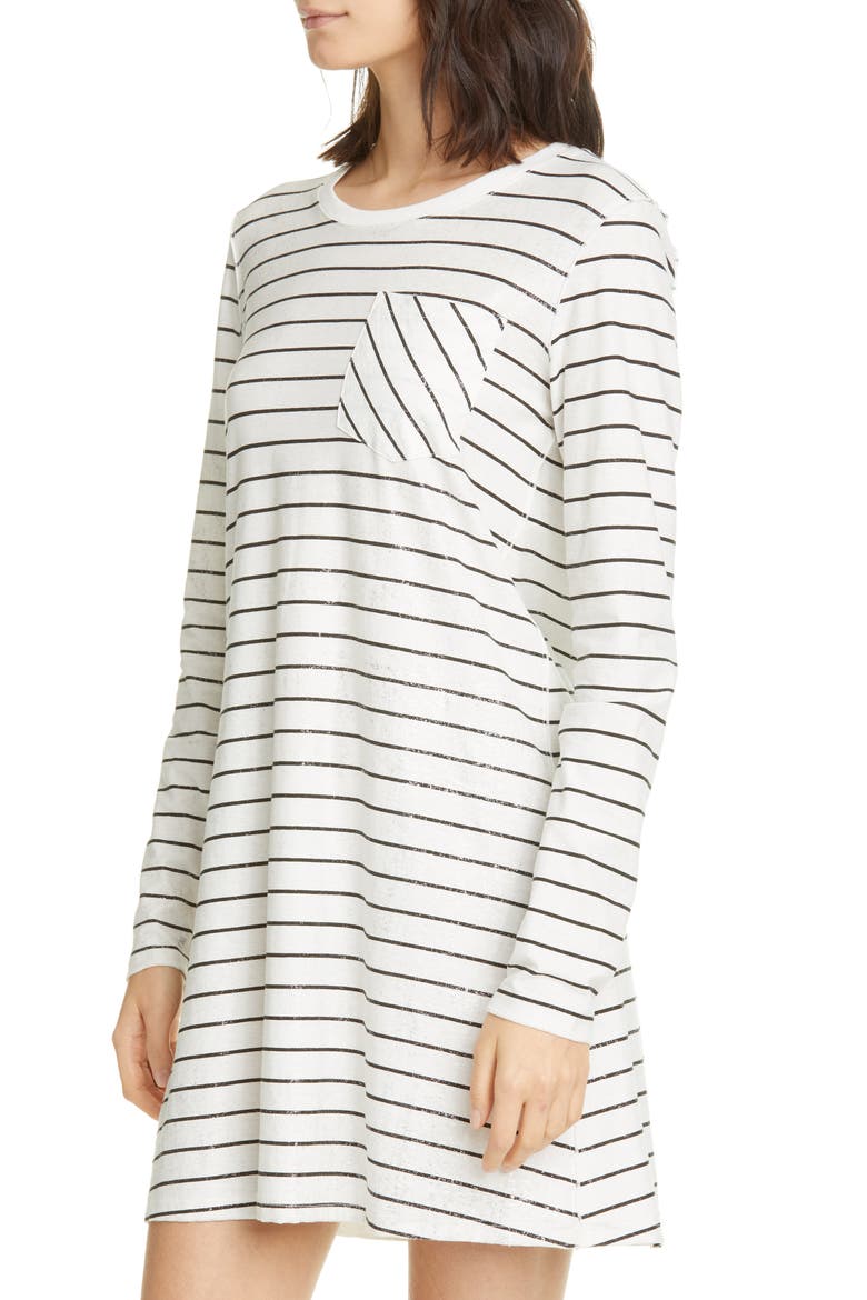 Stripe Shimmer Long Sleeve T-Shirt Dress, Alternate, color, CHALK/ BLACK COMBO