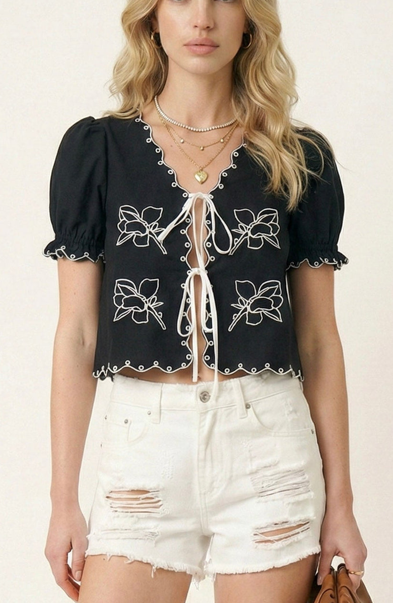 Modenaire Puff Sleeve Embroidered Front Tie Blouse, Main, color, Black / White