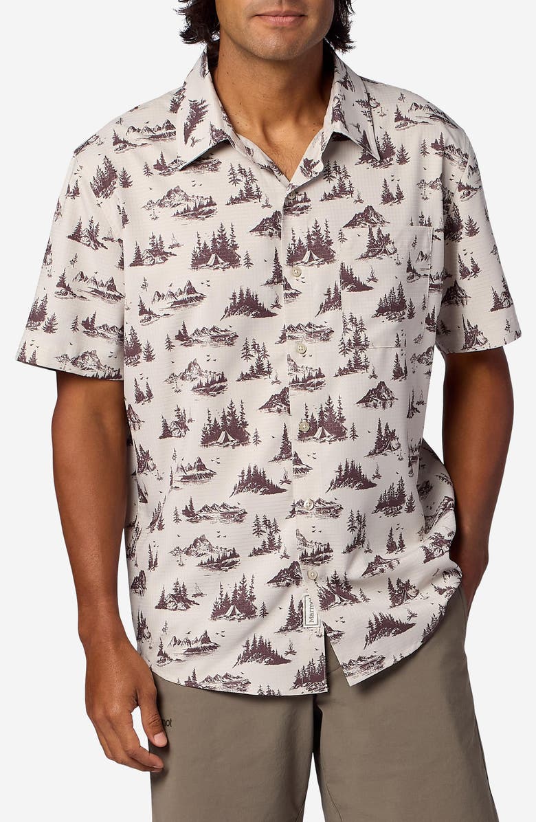 Marmot AirExchange SolarShield UPF Short Sleeve Button-Up Shirt, Main, color, Birch Bark Lake Side Campout