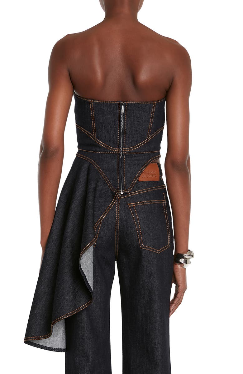 McQueen Asymmetric Drape Denim Corset Top, Alternate, color, 