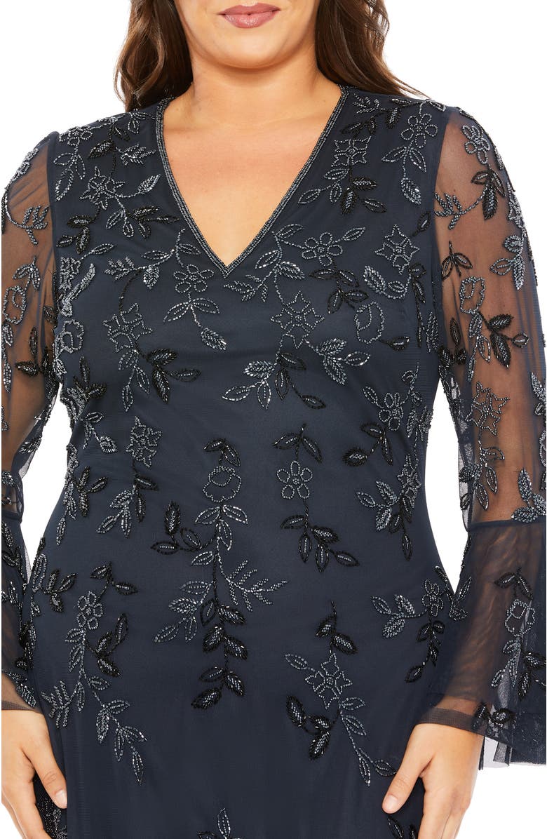 Mac Duggal V-Neck Embellished Flutter Tiered Long Sleeve Gown, Alternate, color, Midnight