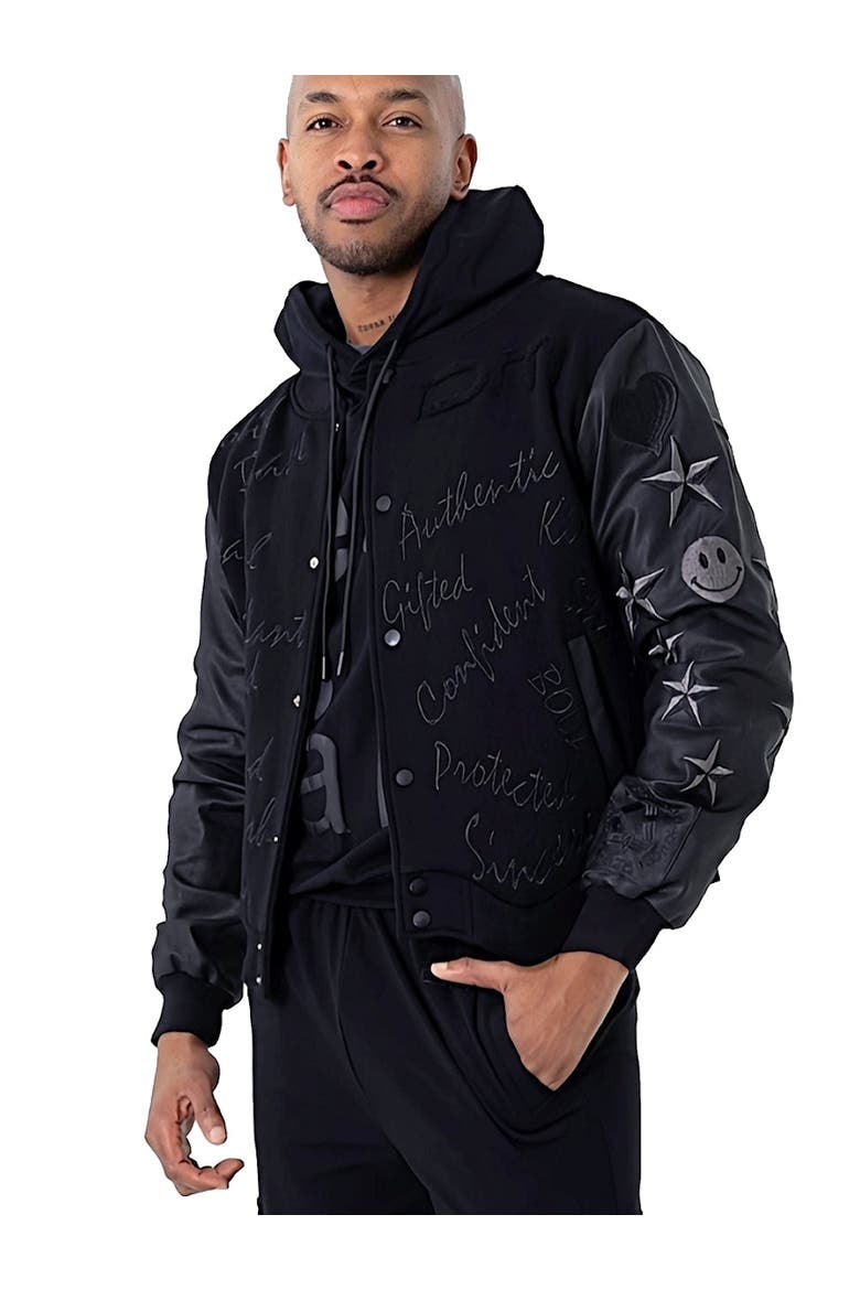 Men's Affirmation Letterman Jacket, Alternate, color, Black