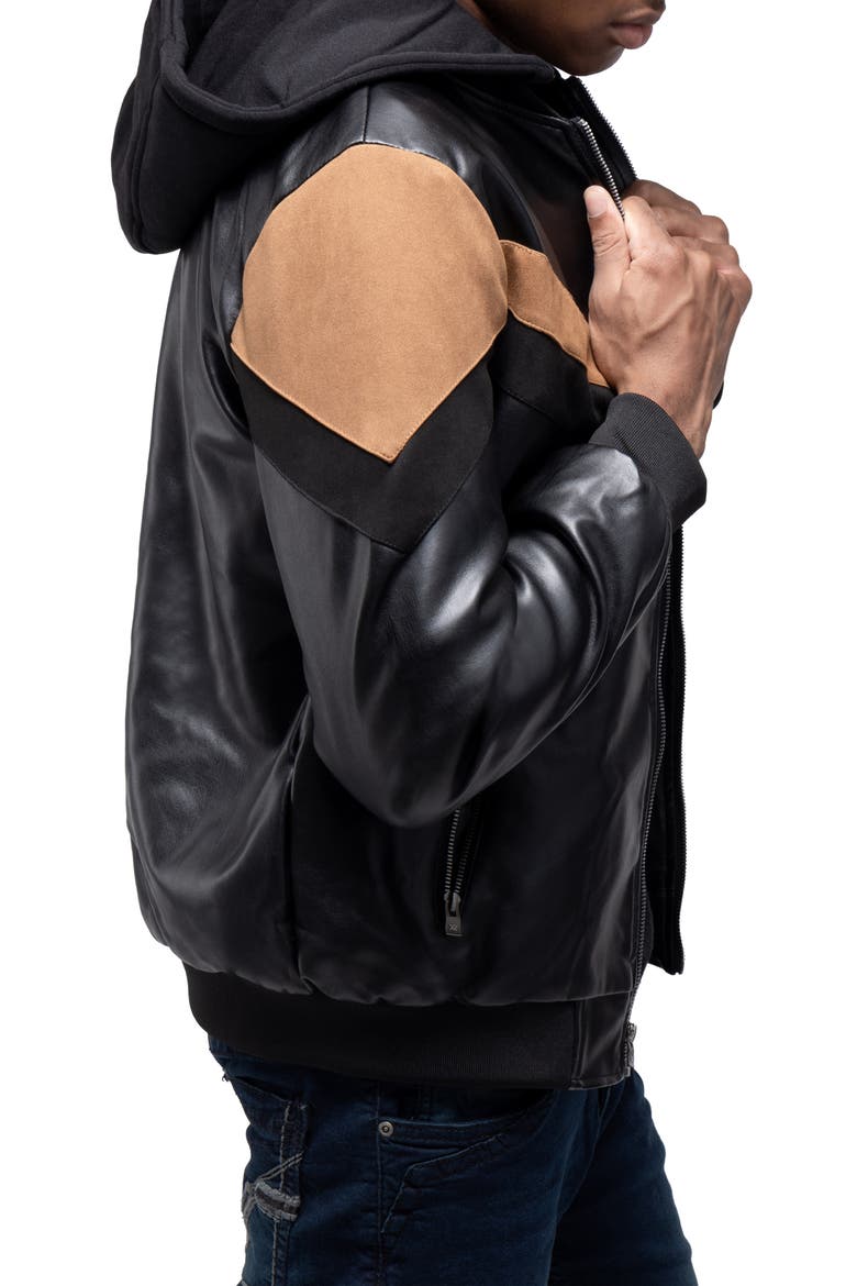 Hooded Faux Leather Jacket, Alternate, color, BLACK/ BROWN