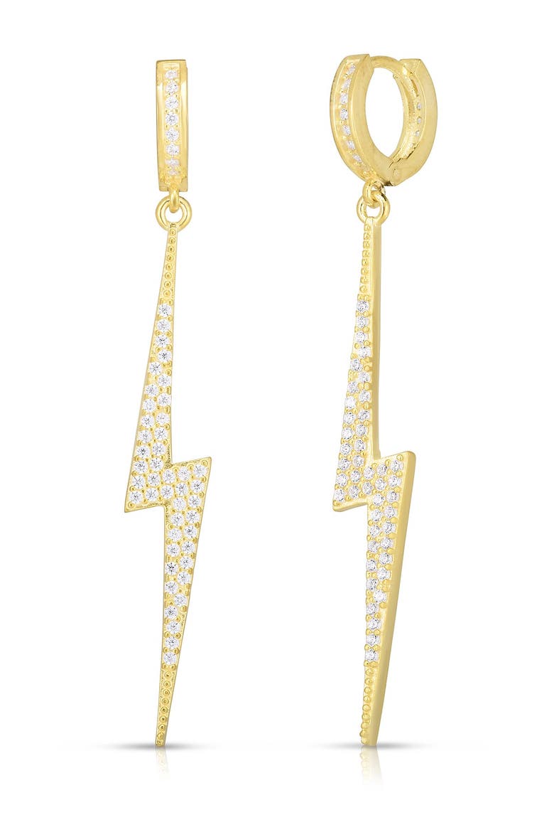 14K Gold Plated Sterling Silver CZ Lightening Bolt Huggie Earrings, Main, color, YELLOW GOLD