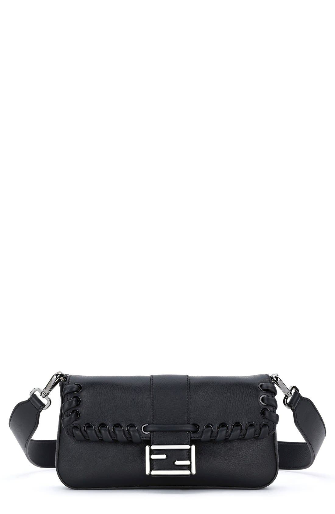 'Dolce' Calfskin Leather Baguette, Main, color, BLACK/ RUTHENIUM