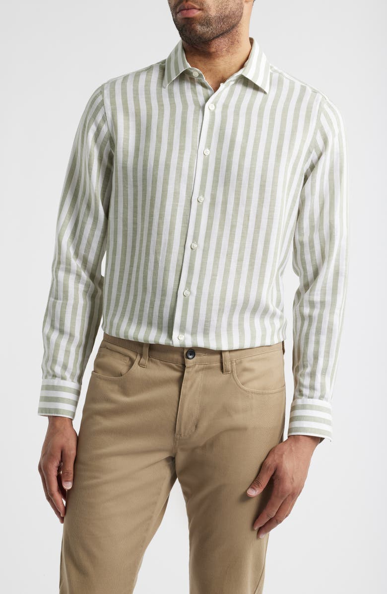 Scott Barber Coastal Regular Fit Stripe Linen & Lyocell Button-Up Shirt, Main, color,