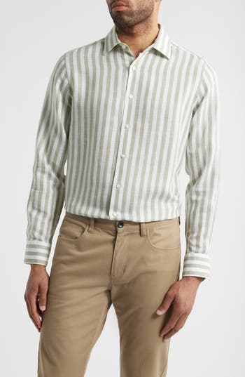 Scott Barber Coastal Regular Fit Stripe Linen & Lyocell Button-up Shirt In Green