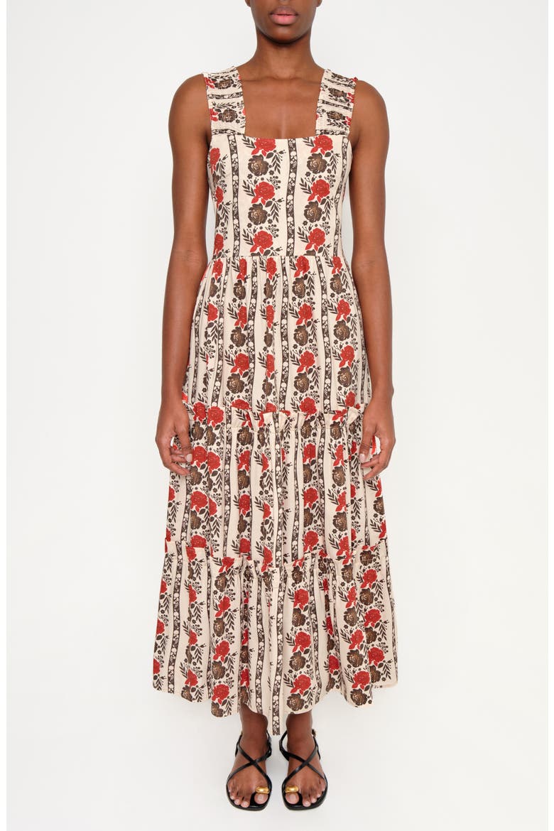 New Sunset Floral Tiered Stretch Cotton Maxi Sundress, Main, color, BROWN LACED IN BLOOM