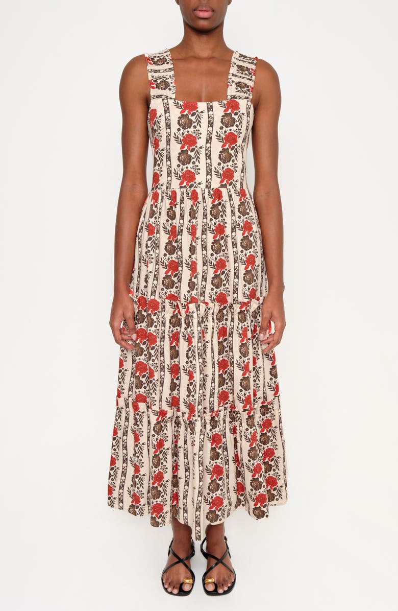 The Lulo Project New Sunset Floral Tiered Stretch Cotton Maxi Sundress, Main, color, Brown Laced In Bloom