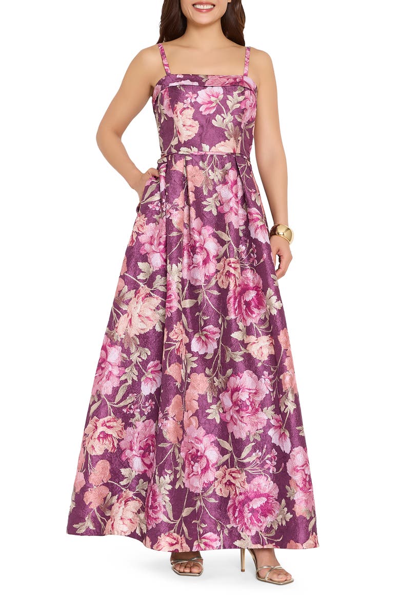 Floral Jacquard Sleeveless Satin Gown, Main, color, PLUM MULTI