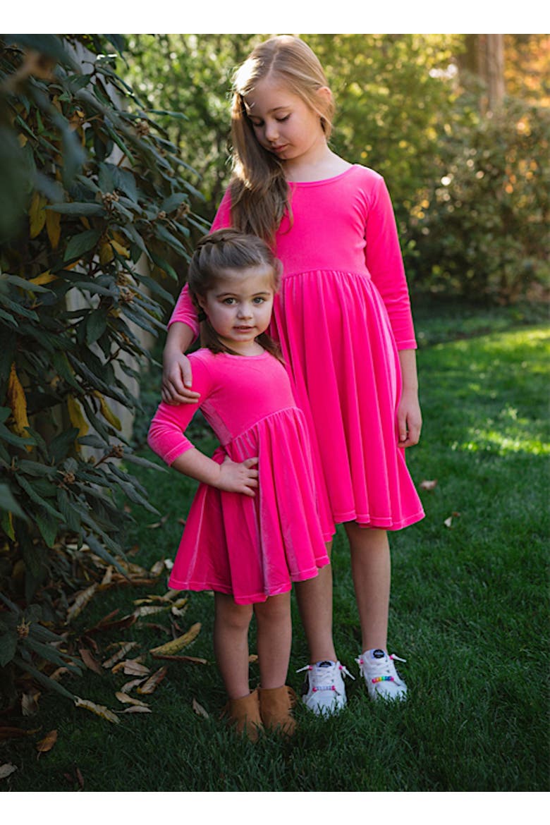 Girls Stretch Velvet Twirly Dress, Alternate, color, Hot Pink