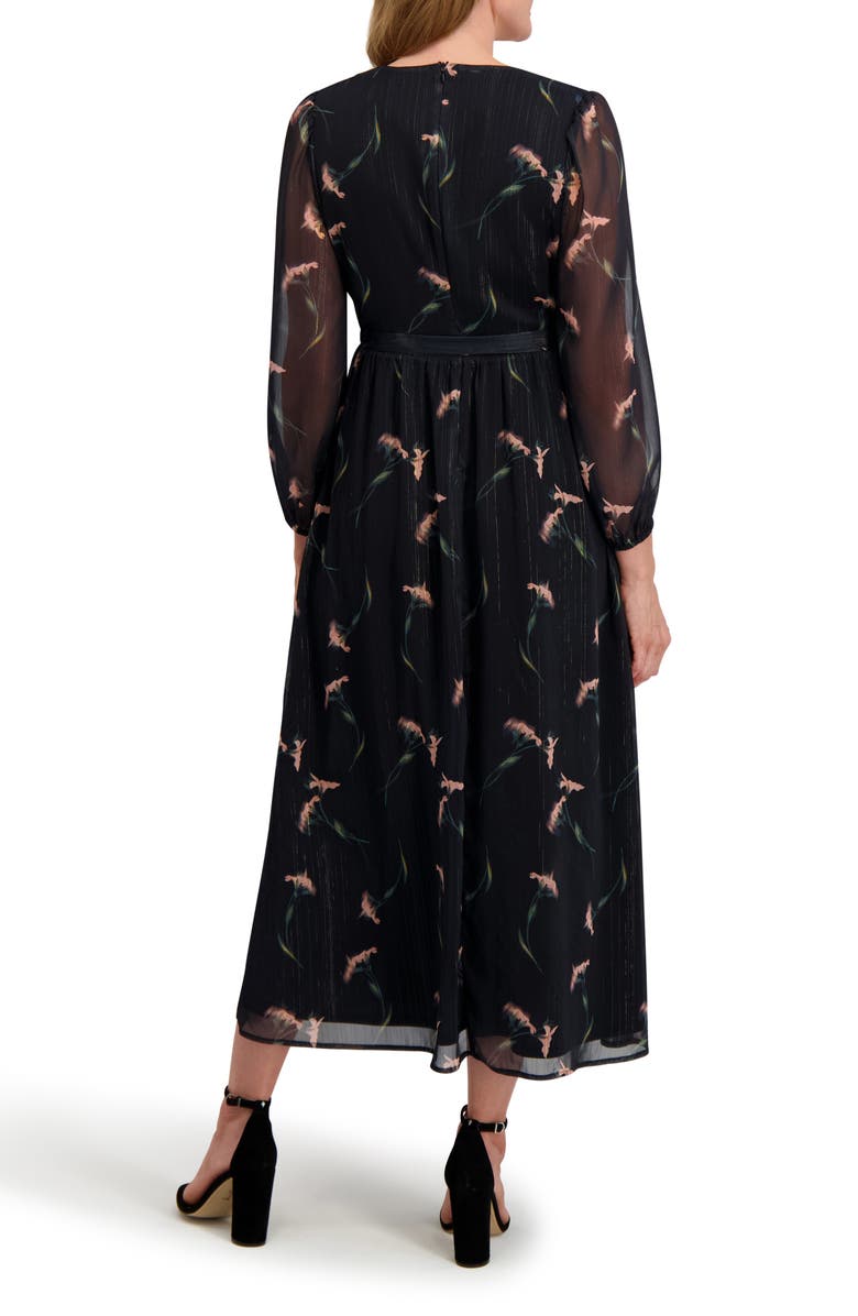 Laundry by Shelli Segal Maya Floral Long Sleeve Faux Wrap Chiffon Dress, Alternate, color, Black/ Pink