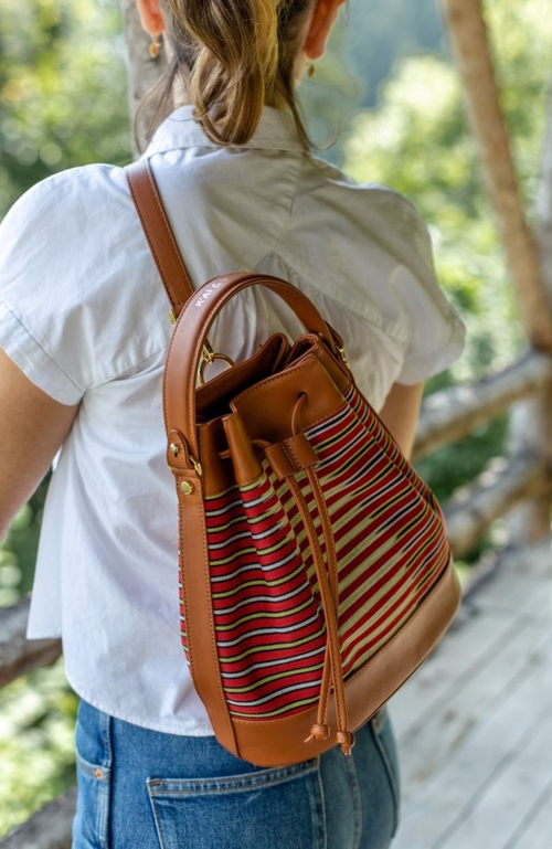 Kai & Vrosi K'ai & Vrosi Leather & Striped Fabric Pattern Convertible Bag In Brown