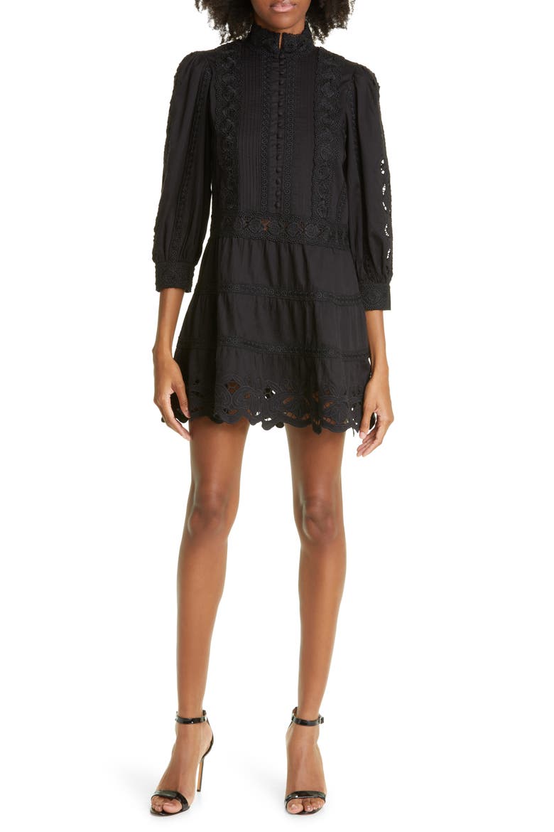 Clark Lace & Pintuck Detail Cotton Dress, Main, color, BLACK