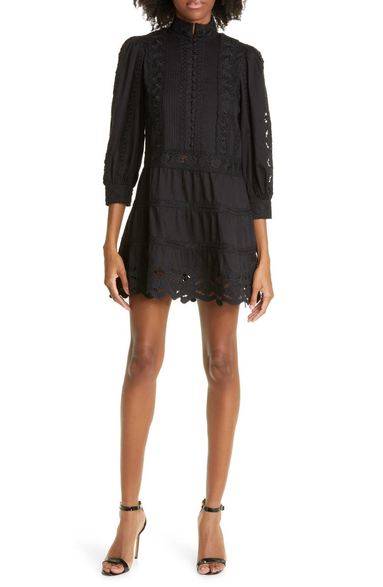 Alice + Olivia Clark Lace & Pintuck Detail Cotton Dress, Main, color, 