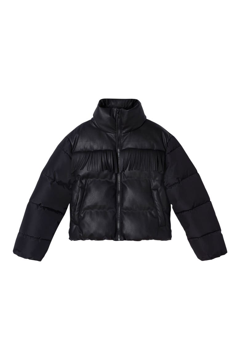 Stella McCartney Kids' Fringe Faux Leather Puffer Jacket, Main, color, BLACK
