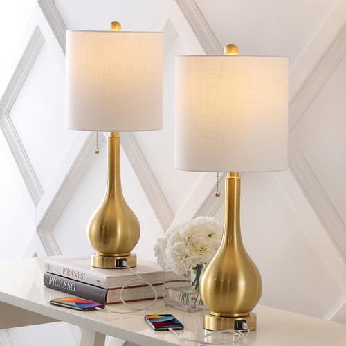 Jonathan Y Tyler 24" Modern Classic Gourd Iron Led Table Lamp With Pull-chain With Dual Usb Charging In Brass Gold