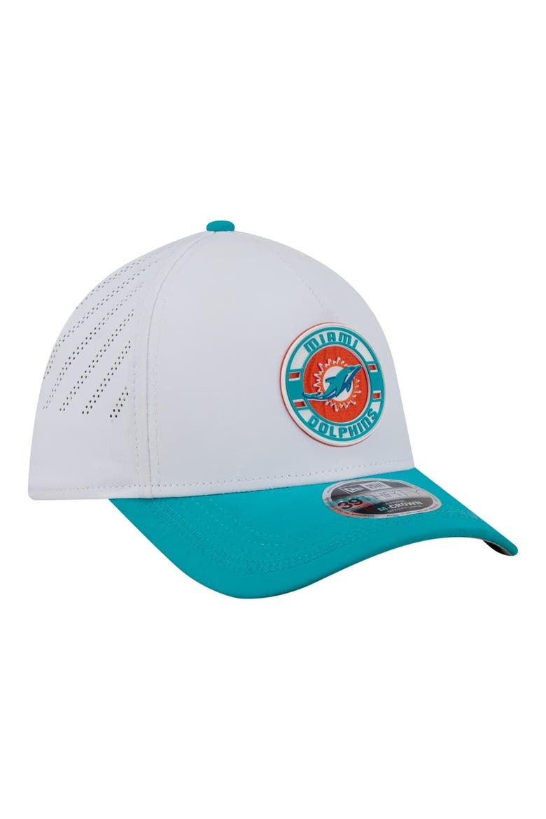 Men's New Era White/Aqua Miami Dolphins Patch 39THIRTY A-Frame M-Crown Perforated Flex Hat, Alternate, color, White