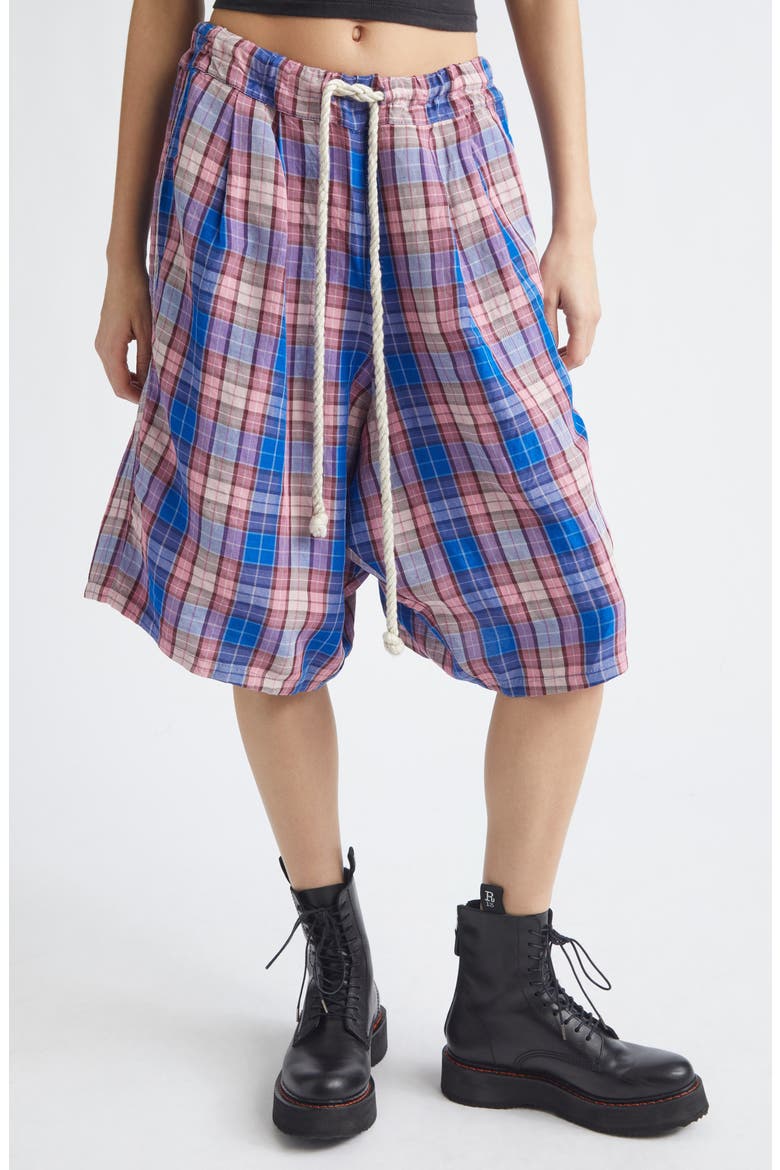 Jumbo Plaid Pleated Drawstring Shorts, Main, color, BLUE PINK PLAID