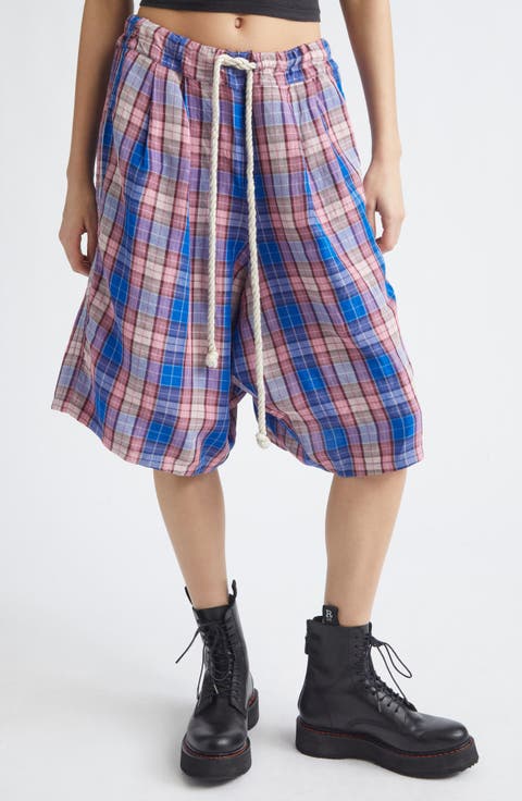 Jumbo Plaid Pleated Drawstring Shorts