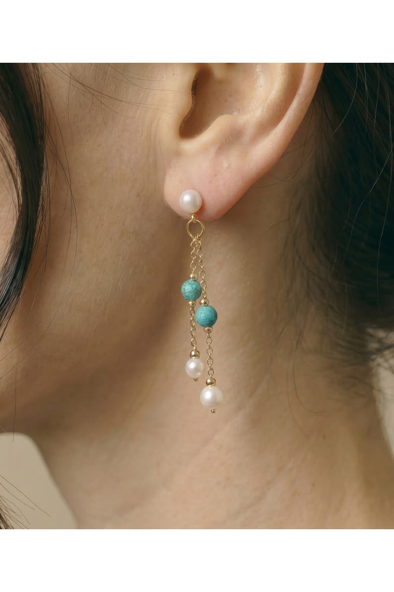 White Freshwater Pearl Turquoise Earrings, Alternate, color, Yellow Gold Fill