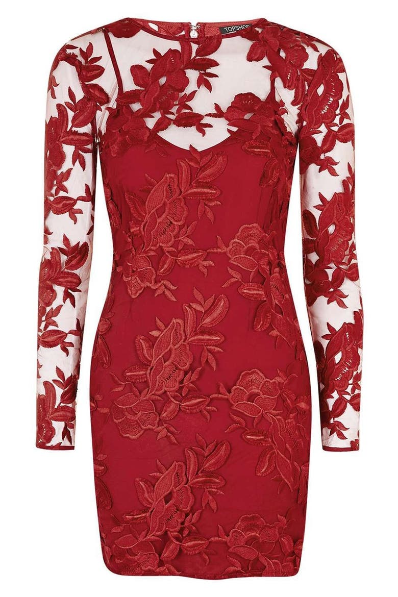 Lace Appliqué Long Sleeve Minidress, Main, color, RED