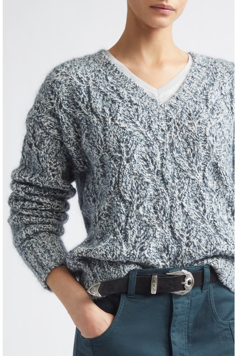 V-Neck Cable Knit Sweater, Alternate, color, 178 DARK JADE
