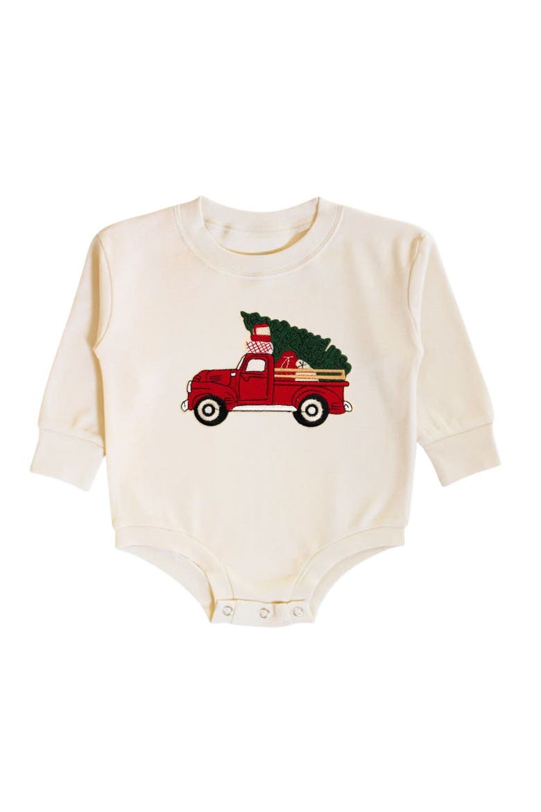Christmas Truck Patch Long Sleeve Romper, Main, color, Natural