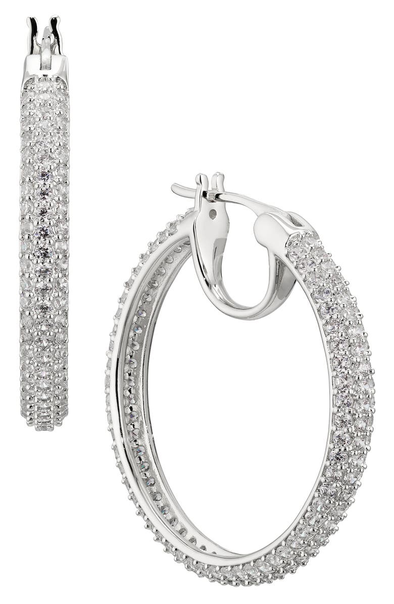 Nadri Pavé the Way Medium Hoop Earrings, Main, color, Rhodium