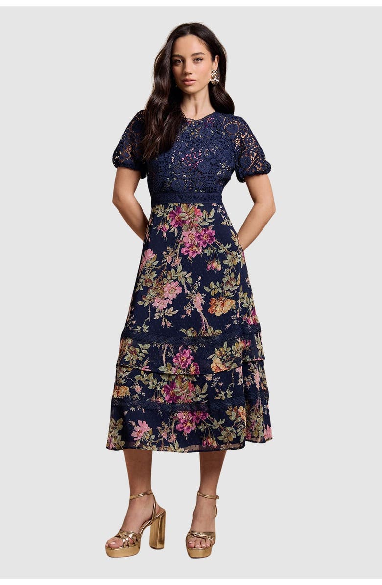 Oasis Petite Lace Bodice Midi Dress, Main, color, Navy