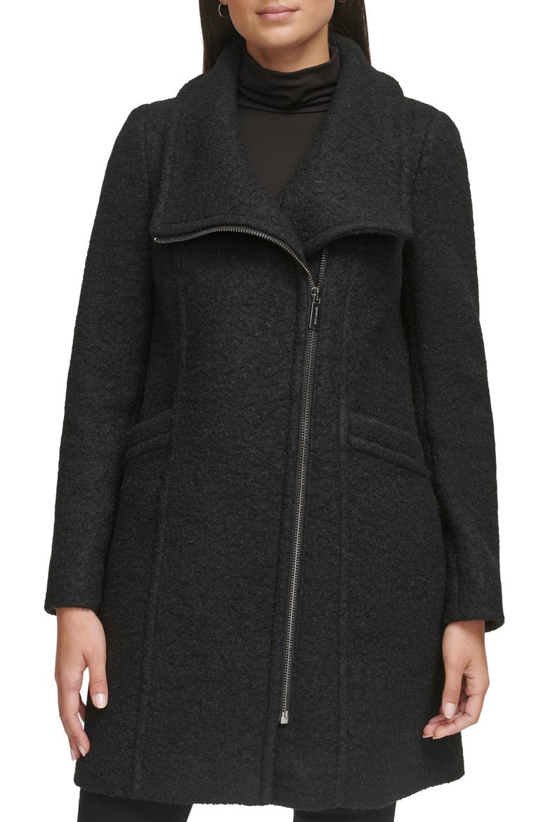 Asymmetric Zip Convertible Collar Bouclé Coat, Main, color, BLACK