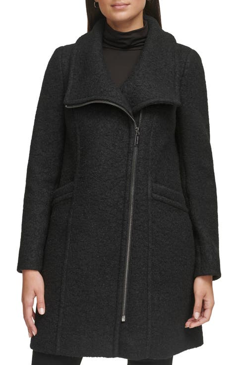 Asymmetric Zip Convertible Collar Bouclé Coat