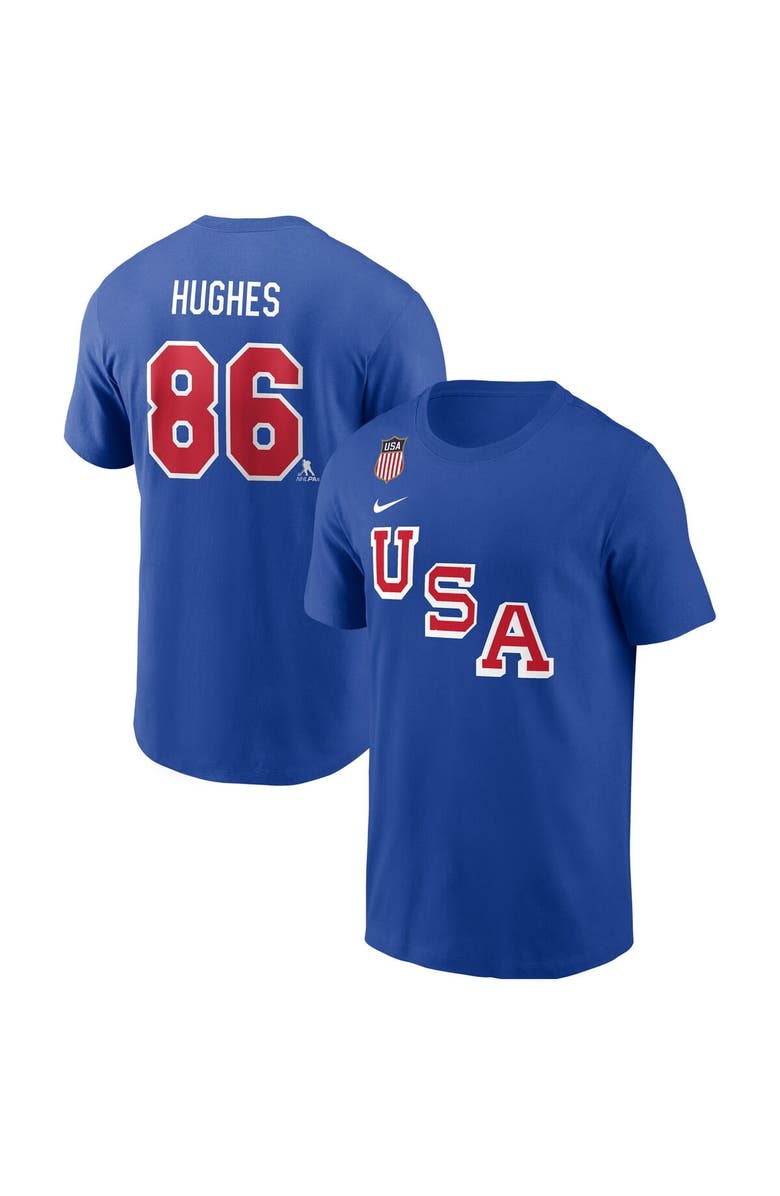 Nike Men's Nike Jack Hughes Royal USA Hockey 2026 Name & Number T-Shirt, Main, color, 