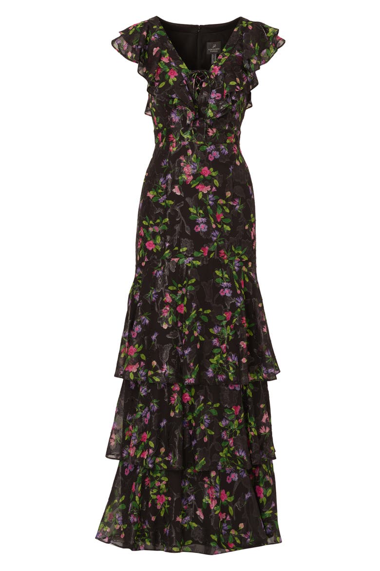 Tiered Floral Print Lace-Up Chiffon Gown, Alternate, color, BLACK MULTI
