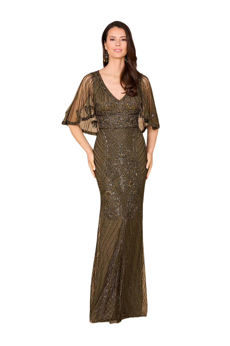 Cape Sleeve V-Neck Beaded Gown, Main, color, Olive