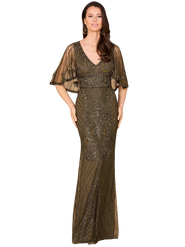 LARA New York Cape Sleeve V-Neck Beaded Gown