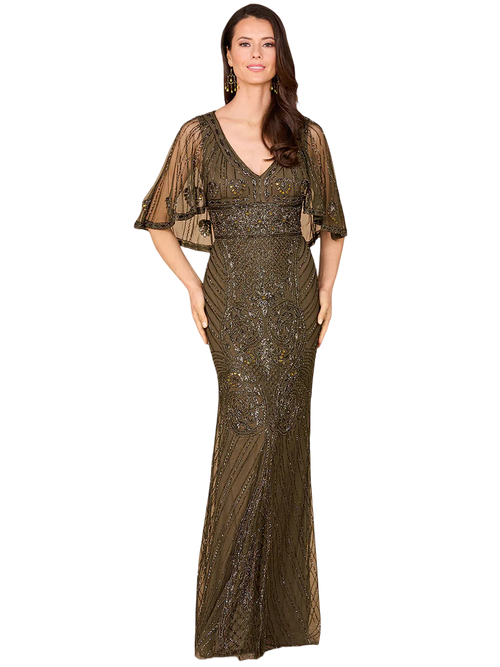 Lara New York Cape Sleeve V-neck Beaded Gown In Metallic
