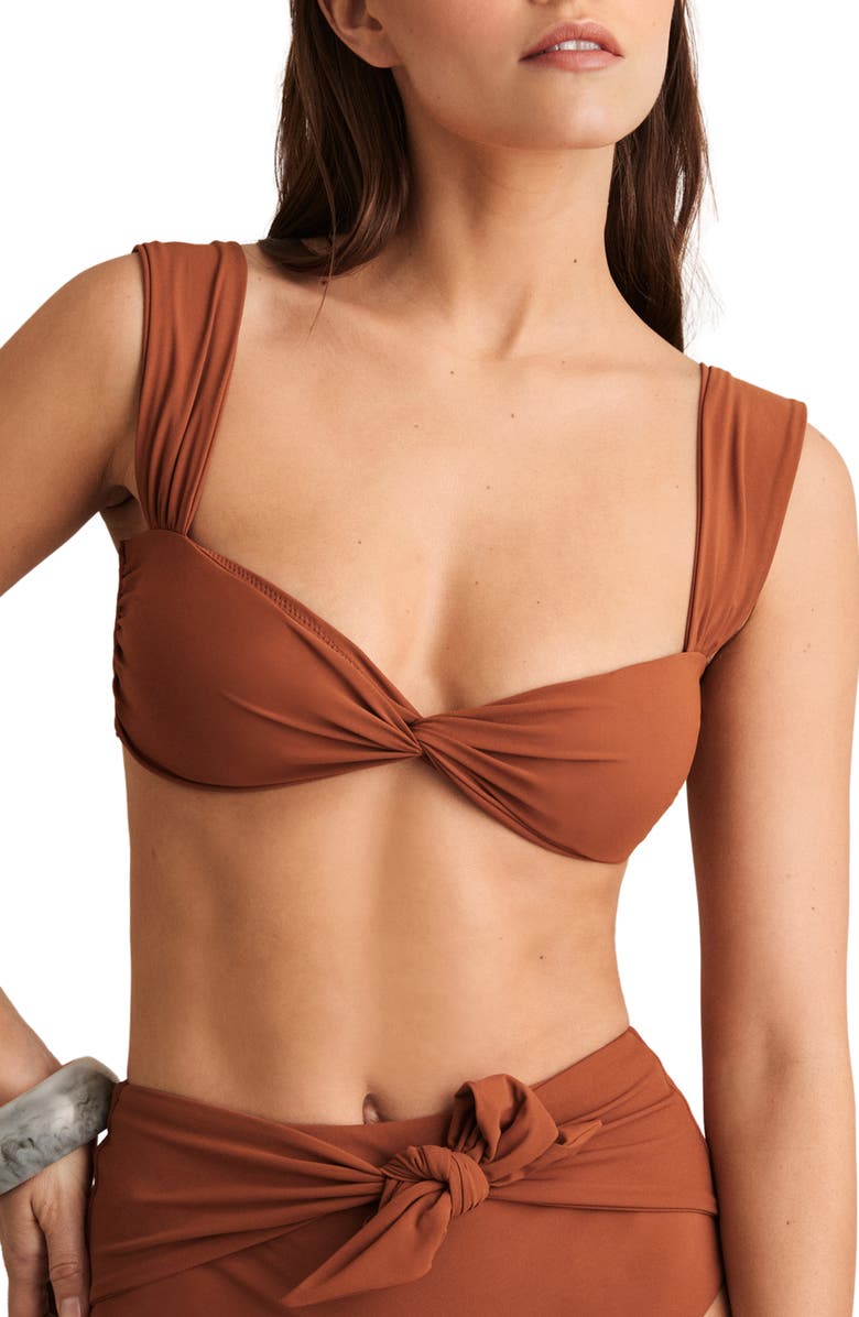 Reiss Hallie Twist Front Bikini Top, Main, color, Brown