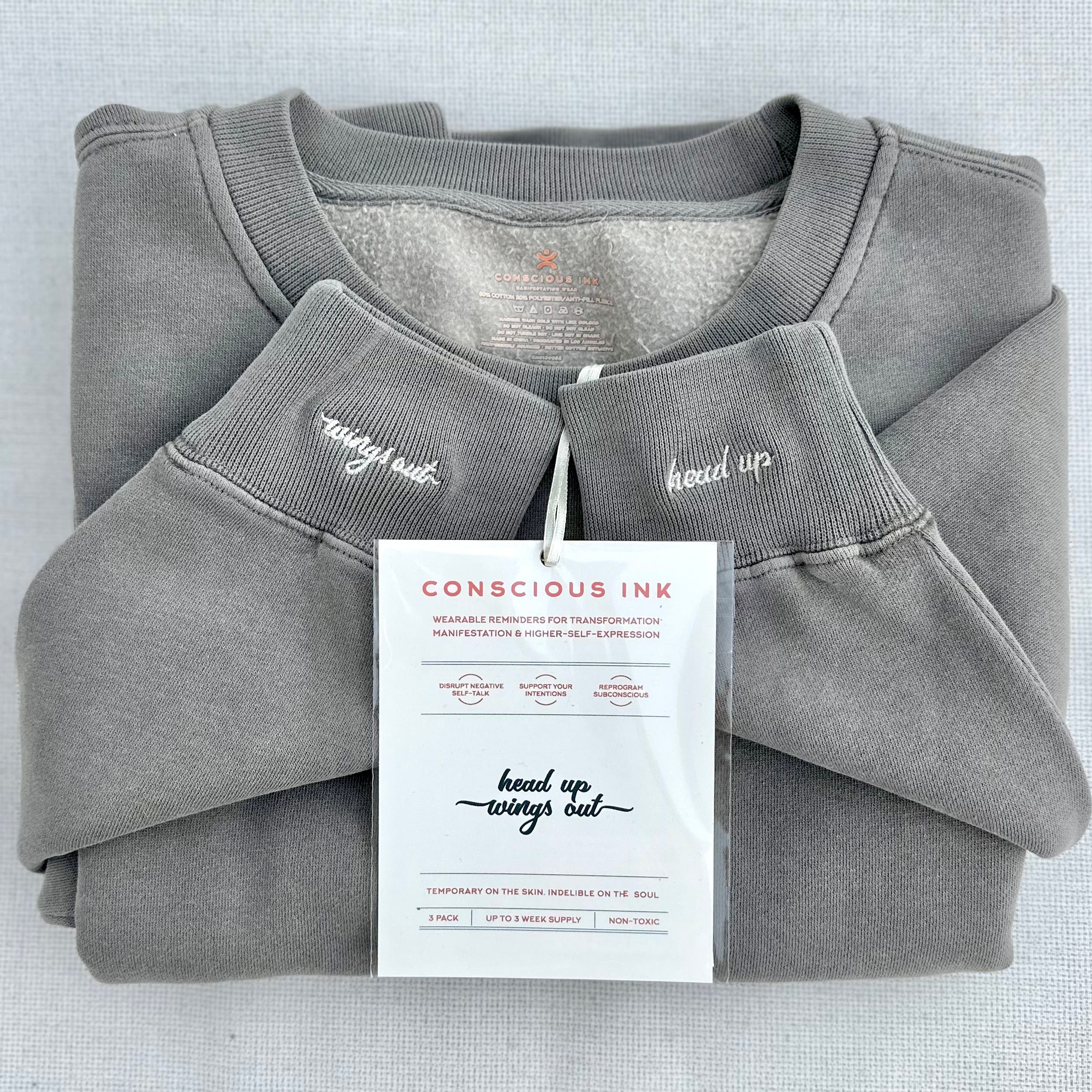 Conscious Ink Head Up Wings Out Manifest Sweatshirt + Ink in Faded Grey 