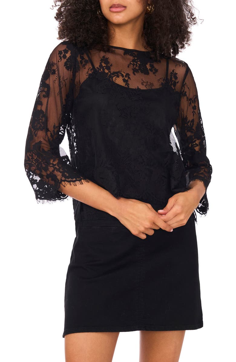 Vince Camuto Scallop Hem Cotton Blend Lace Top, Main, color, Rich Black