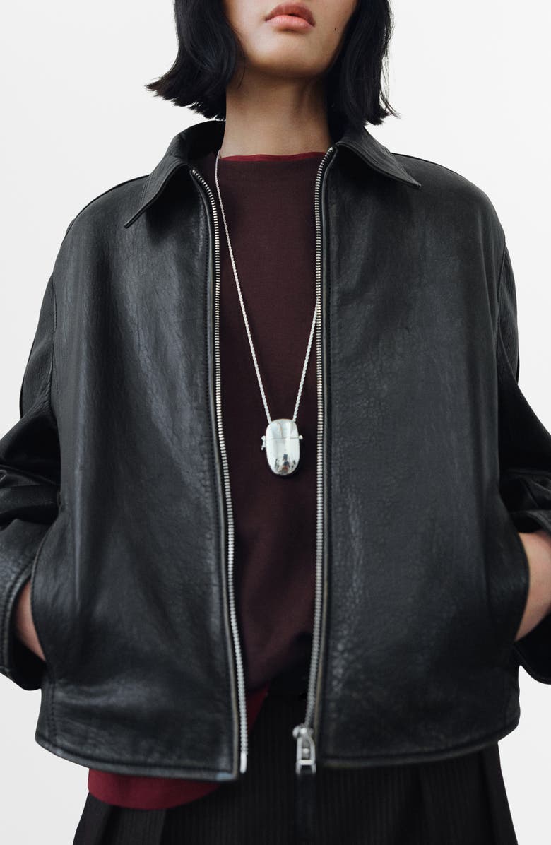 MANGO Leather Bomber Jacket, Main, color, Black