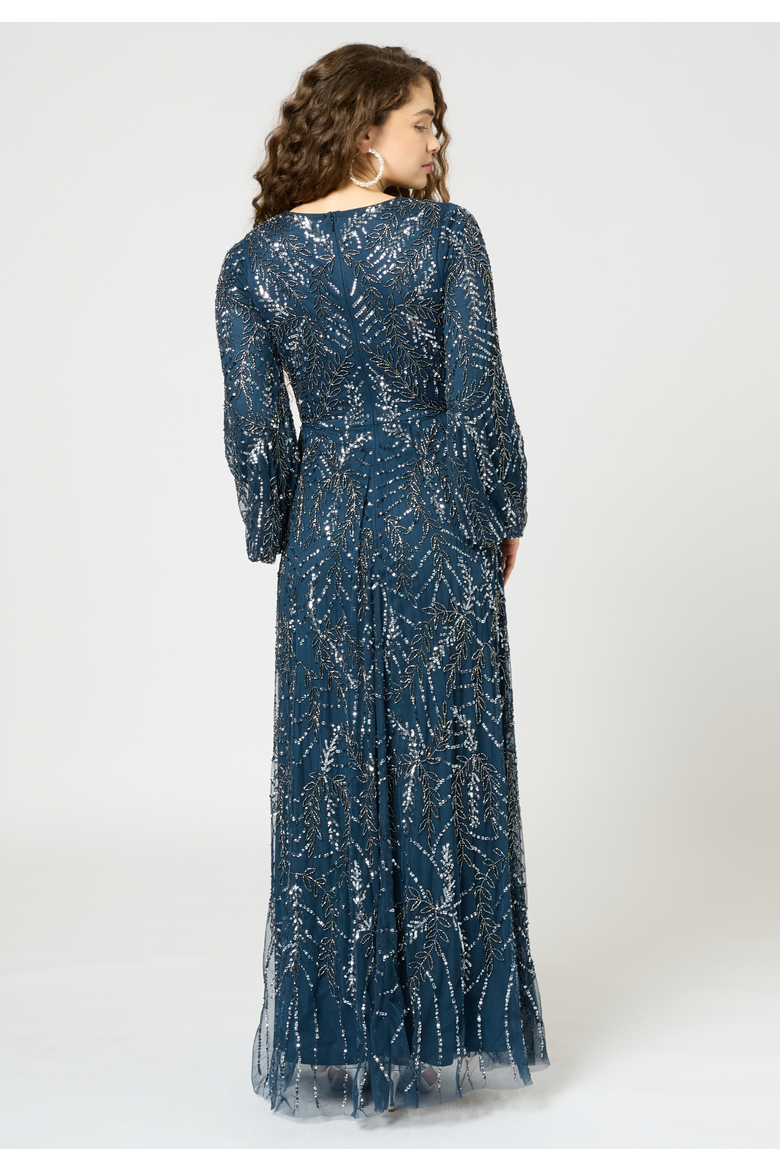 Occasion Modest Embellished Sequin Beaded Floral Long Sleeves Evening Maxi Dress, Alternate, color, NAVY