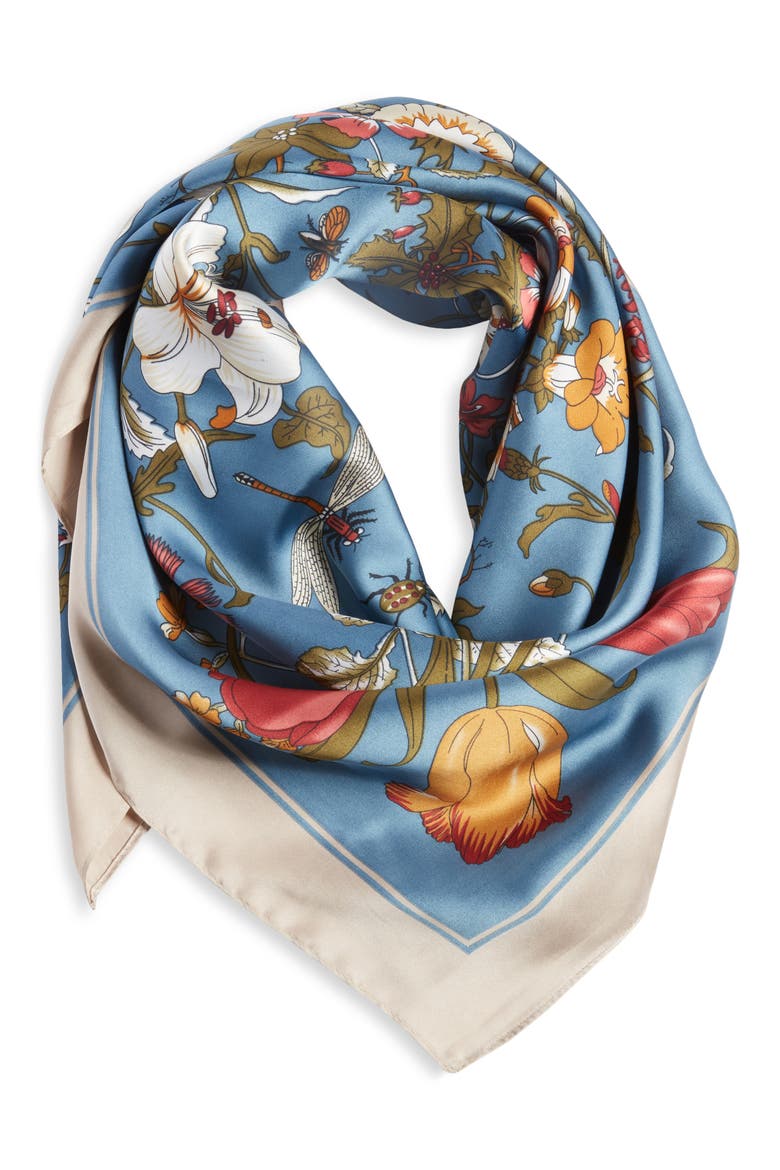 Floral Satin Scarf, Alternate, color, BLUE MULTI