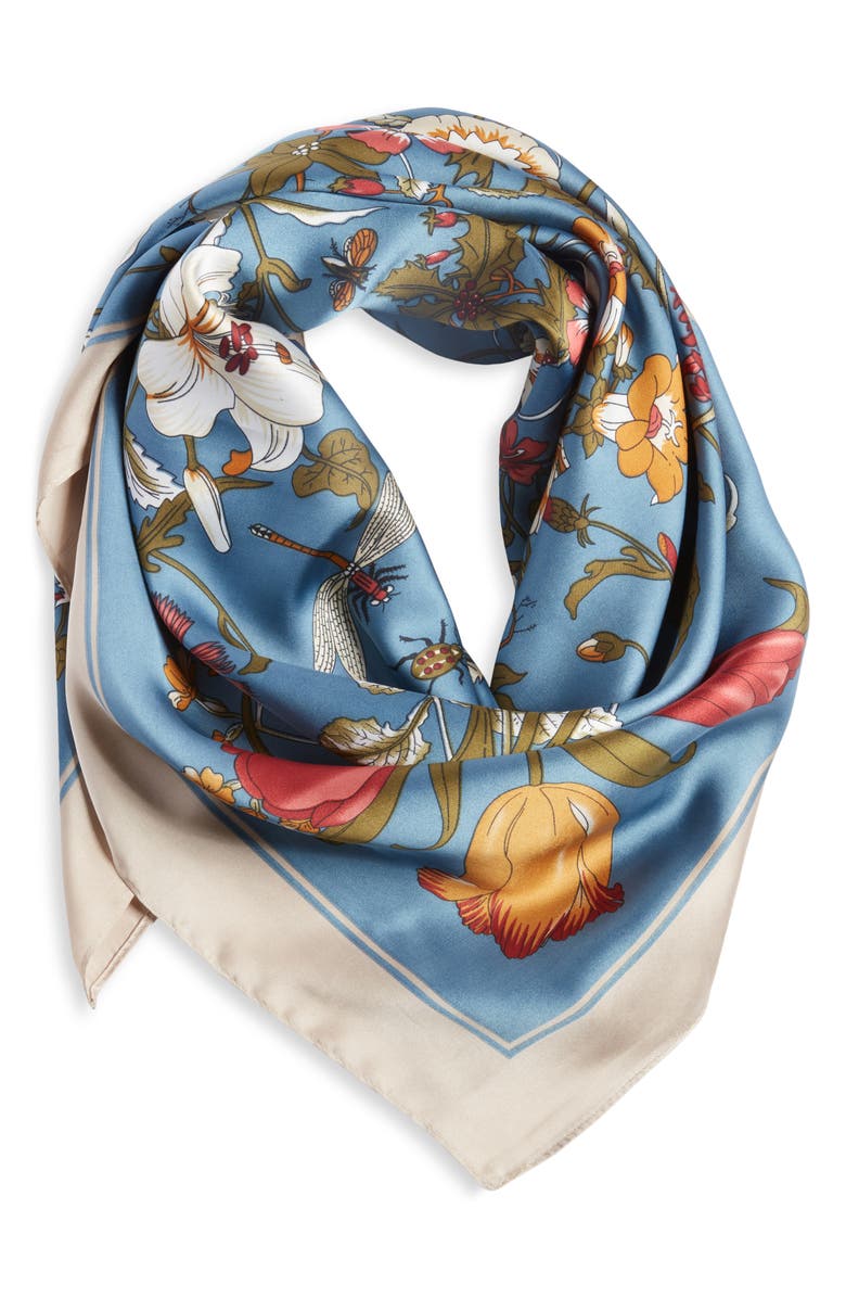 Tasha Floral Satin Scarf, Alternate, color, Blue Multi