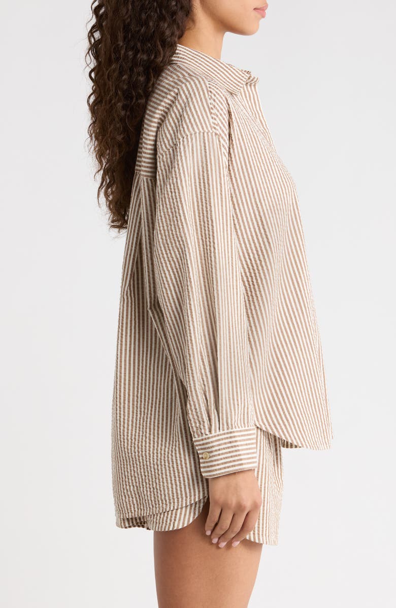 Marine Layer Gracey Stripe Oversize Cotton & Kapok Seersucker Button-Up Shirt, Alternate, color, Mocha Stripe