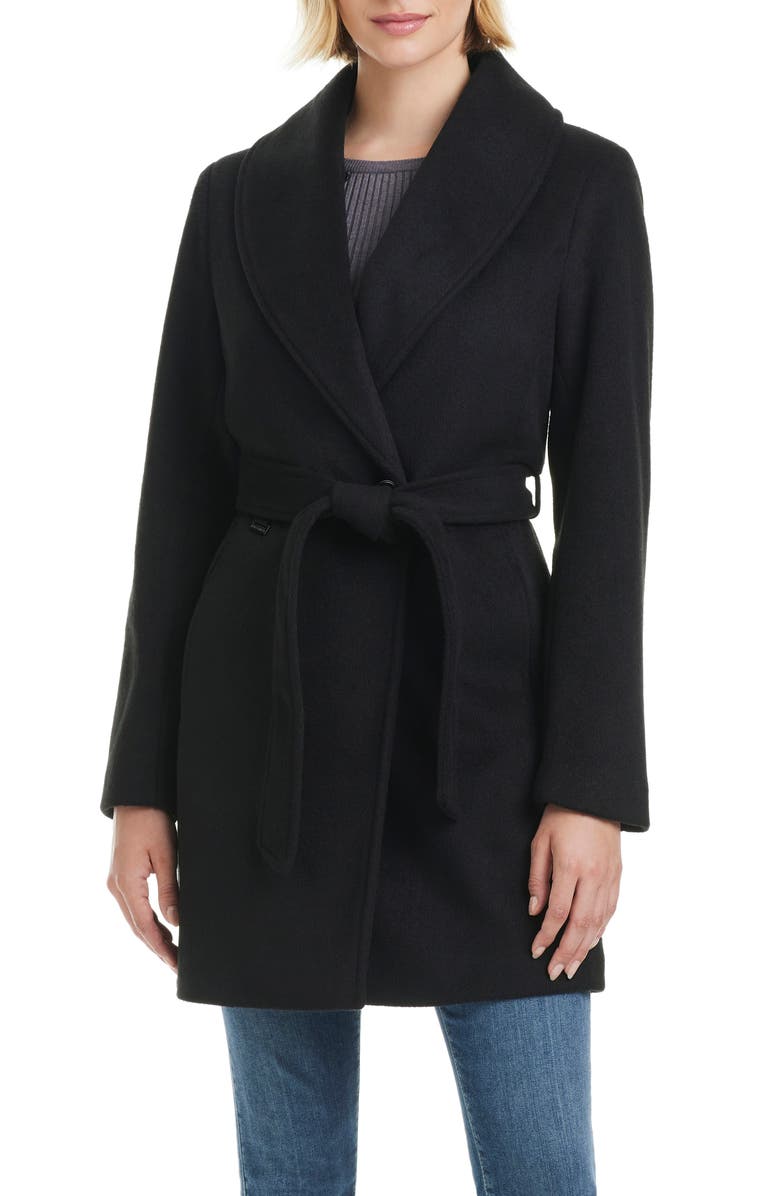 Vince Camuto Wrap Coat with Removable Faux Fur Collar, Main, color, 